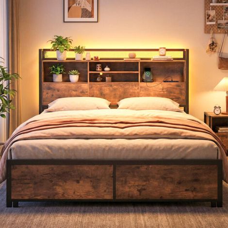 Style industriel, cadre de lit LED en métal avec tête de lit de rangement et station de charge pour chambre (1/5)