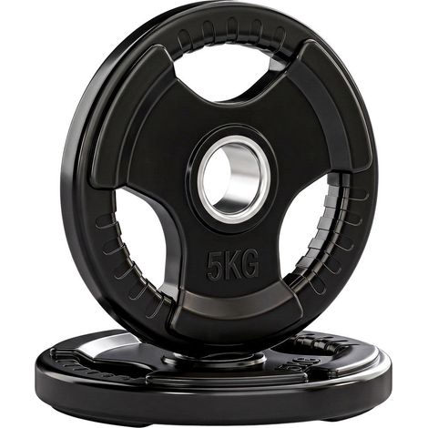 Barres d'haltères Ø 50 mm - plaques de poids 2 x 5 kg pour musculation, design à 3 poignées caoutchouc (1/5)