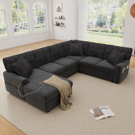 Canapé d'angle,canape convertible 6 places,249×83×196cm,de Compression modulaire en U,avec 1 méridienne,3 coussins,1 port USB et 1 port Type-C,accoudoirs latéraux avec poches magazines,noire (1/5)