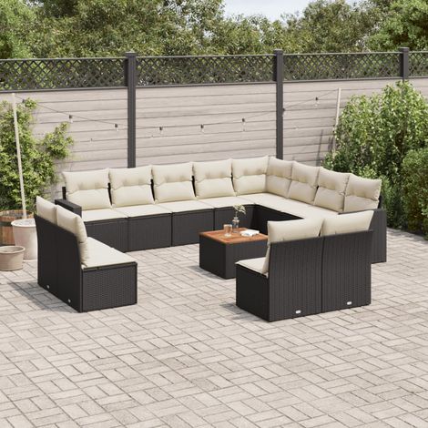 Ensemble de salon jardin modulaire en résine tressée noir avec 13 coussins crème et table en acacia - 12 places (1/3)