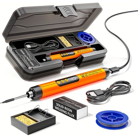 Kit de fer à souder sans fil - Fer à souder rechargeable USB 10 W avec affichage numérique et spot LED, température réglable, outil de soudage, orange (1/5)