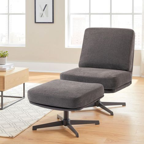Sessel mit Hocker Drehbar Loungesessel mit Leinenoptik für Wohnzimmer Dunkelgrau