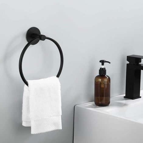 Anneau porte-serviette adhésif pour salle de bain, porte-serviette rond moderne sans perçage, fixation murale en acier inoxydable SUS 304, noir mat-Muntra (1/4)