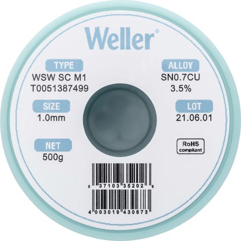 Weller WSW SC M1 Lötzinn, bleifrei Spule Sn0,7Cu 500 g 1 mm (1/5)
