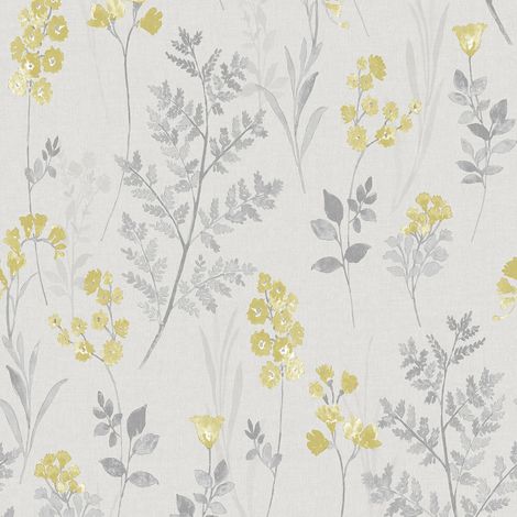 Pashley Wallpaper Holden Décor Floral Grey Yellow Flower Natural