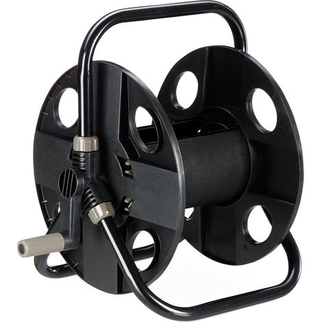 Relaxdays Dévidoir, pour tuyau de 30 m 1/2", acier, plastique, support, HxLxP : 38 x 42 x 31 cm, noir - gris