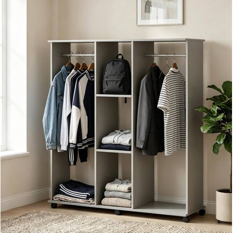 Offener Kleiderschrank (120x40x128 cm), mit 3 Ablagen und 2 festen Kleiderstangen, Aluminiumlegierung und Spanplatte, Grau (1/5)
