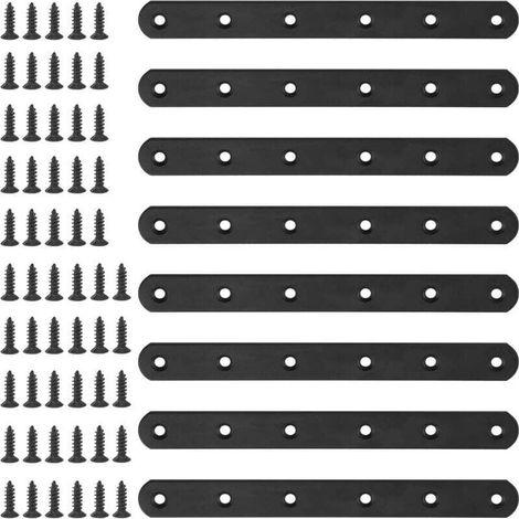 Lot de 8 équerres de fixation plates et droites de 200 mm en métal noir avec 55 vis pour meubles en bois (200 x 20 x 3 mm)