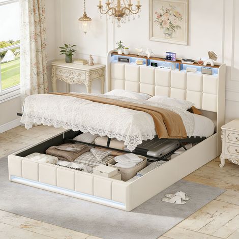 Letto contenitore matrimoniale 160x200 cm beige - letto con contenitore 2 posti, testiera con LED, mensola e porte USB, rete a doghe, letto imbottito per adulti