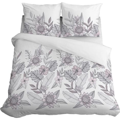 Parure de lit en satin 160x200 cm, motif feuilles et fleurs pastel (1/5)