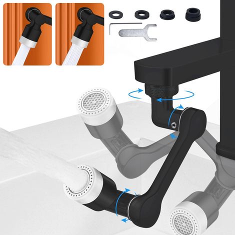 MINKUROW Aireador de grifo, extensor de grifo universal giratorio de 1080°, dos métodos de salida de agua, latón macizo, filtro de ahorro de agua, aireador para cocina y baño, negro (1/5)