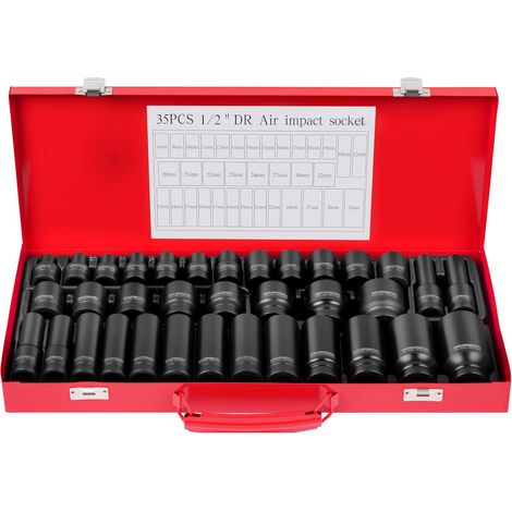 Lot de 35 douilles à choc 1/2" 6 points 8-32 mm métriques profondes pour voiture, garage (1/5)