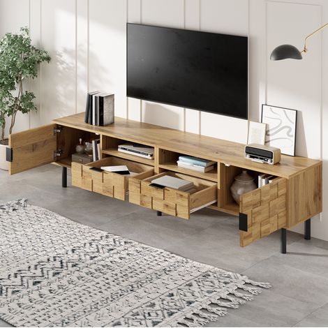 Mueble TV de 160 x 35 x 42,5 cm con 2 puertas, 2 cajones y 2 huecos abiertos, natural y negro HAVRYA (1/5)