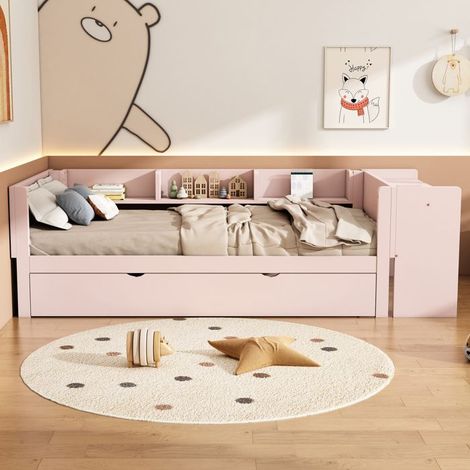 Lit enfant - KOMHTOM - 90x200 - Lit gigogne extensible - Bureau intégré - 3 étagères rangement (1/5)