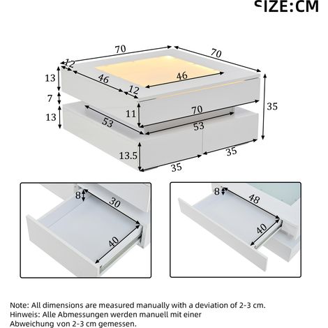 Mesa centro LED con 3 cajones y cristal 70x70 cm OKMYHOME (1/2)