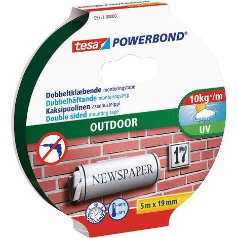 tesa Powerbond OUTDOOR - Nastro biadesivo per esterni, resistente ai raggi UV, all'acqua e alle temperature, può contenere fino a 1 kg per nastro da 10 cm, 5 m x 19 mm