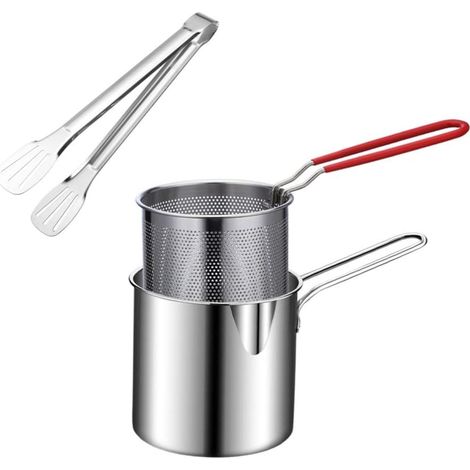 1 friteuse de cuisine avec panier à friture, pinces, casserole et panier à friture en maille. (1/5)