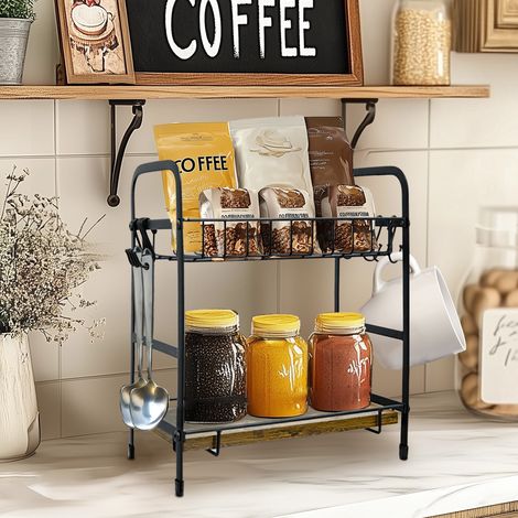2 Tier Coffee Bar Station Organizer Mug Cup Holder Stand Kitchen Basket (1/5)
