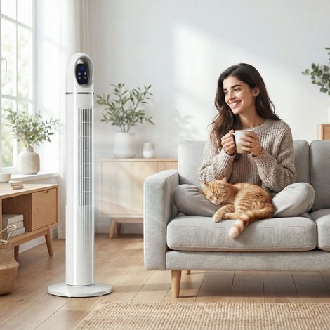 Ventilatore a Torre per Camera da Letto, Ventilatore da Pavimento Oscillante a 70°, 4 Modalità, 3 Velocità, Timer 24 Ore, Bianco