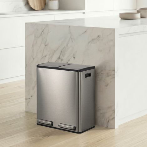 Poubelle à Pédale 2 x 15 L, Tri Sélectif, Seaux Amovibles, Acier Inoxydable, pour Cuisine, Argent (1/5)