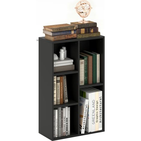 Bibliothèque 5 compartiments 50x24x80cm bois noir, étagère rangement modulable 2 niveaux pour salon, bureau, chambre (1/5)