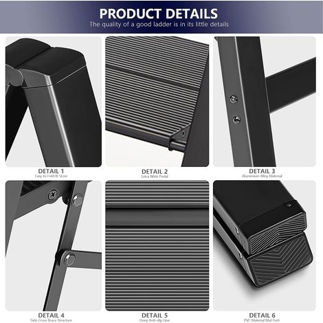 Échelle 3 marches pliante antidérapante couleur noire,légère et robuste. Charge maximale 330 lbs pour usage domestique.