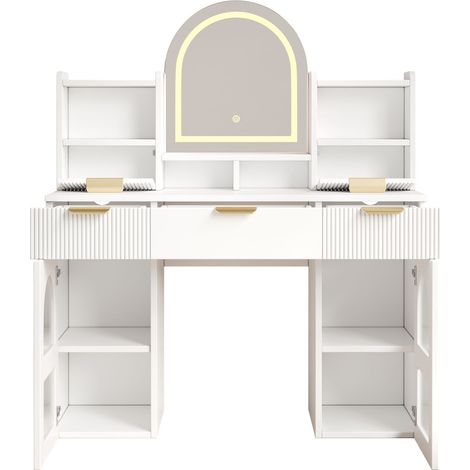 Tocador blanco con espejo LED, 3 cajones y vitrinas de cristal, 120x40x139,5 cm (1/5)