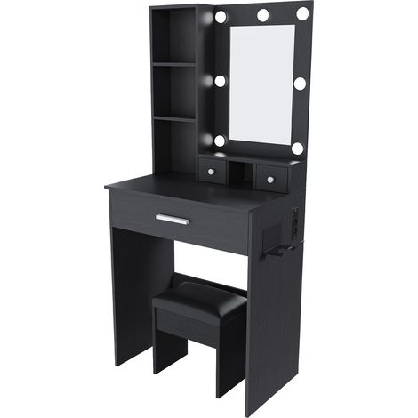 Petit ensemble de coiffeuse avec miroir et éclairage LED réglable, prise électrique, support pour sèche-cheveux et tabouret rembourré - coiffeuse avec tiroirs et étagère, noir, B60/H131.5/T38cm (1/5)