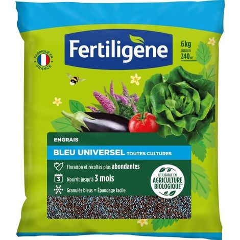 FERTILIGENE FBLEUBIO6 - Fertilizante Azul Universal 6 kg - Floración y cosechas abundantes - Alimenta hasta 3 meses - Para 240m² (1/2)
