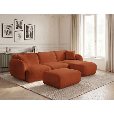 BOBOCHIC - Canapé d'angle fixe modulable ANDA tissu chenille avec pouf Angle droit  Orange (1/5)