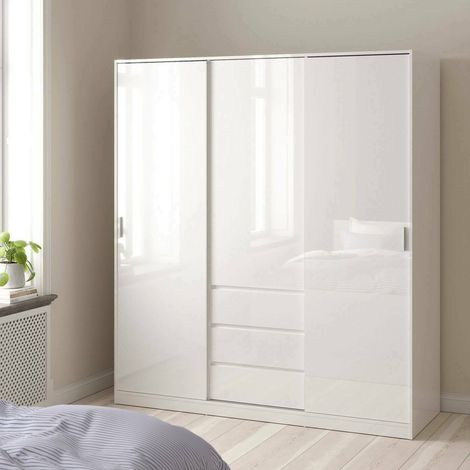 Dmora - Kleiderschrank 3 Türen Mathieu, Schlafzimmermöbel, Schrank, Garderobe, 177x60 h200 cm, Glänzendes Weiß (1/5)