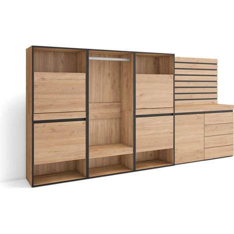 Skraut Home - Zapatero, Armario zapatos botas, 287x145x35 cm, Dormitorio, habitación, Vestidor abierto, Cómoda, Cajonera, Listones Decorativos, Estilo Moderno, Roble (1/5)