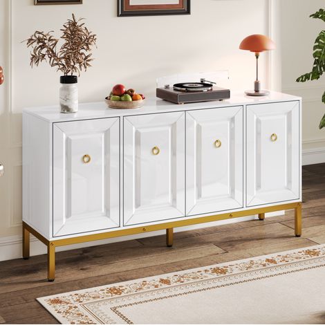 Buffet 140x40x80 cm blanc et doré en MDF et panneaux de particules avec finition brillante et étagères réglables (1/5)