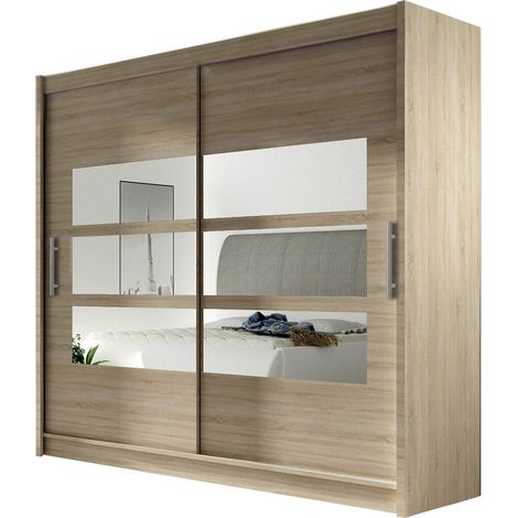 Mobilier1 – Armoire coulissante 215x180x58cm en chêne sonoma – 5 étagères – Panneaux stratifiés – Miroir pour intérieur moderne