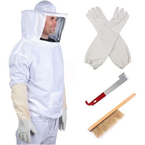 Costume d'apiculture avec chapeau et voile d'abeille, gants, brosse à abeille, crochet en J en acier, costume d'apiculture professionnel (1/2)