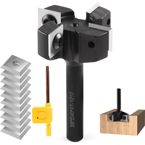 8mm 4 Flute Shank Plane Cutter with 10 Interchangeable Carbide Blades (12 x 12 x 1.5 mm), Diameter 40 mm, CNC Plate Cutter for Router, Woodworking (D=40S = 8) (1/5)