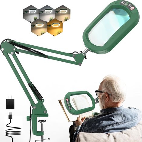 Lot de 10 loupes avec lumière et pince, éclairage sur pied en verre véritable, 5 modes de couleur et intensité variable en continu, lampe de bureau LED, mains libres, pour artisanat, loisirs, lecture (1/5)