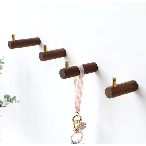 Porte Manteau Mural , Bois Crochet Manteau Rangement Mural Patère Mural Rond Wood Wall Hanging Hooks Metal Lot de 6 (Couleur Noyer Noir) (1/5)