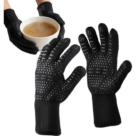 Guanti da cucina, guanti per grigliate, resistenti al calore, in silicone antiscivolo, con polsino allungato, neri (1/5)