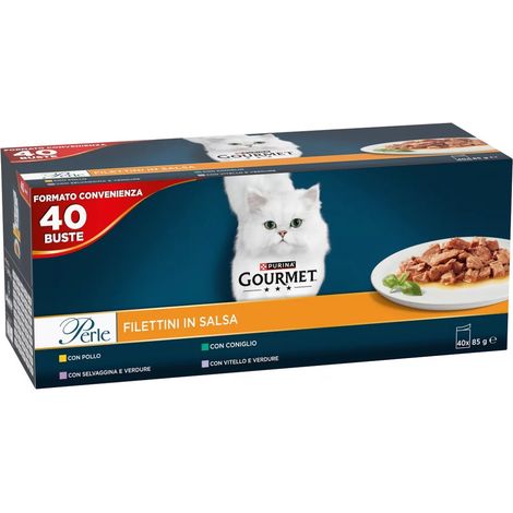 Purina Pro Plan Cat Gourmet Perle Filettini in Salsa con Pollo, Coniglio, Selvaggina, Vitello e Verdure - Confezione 40×85 Gr -