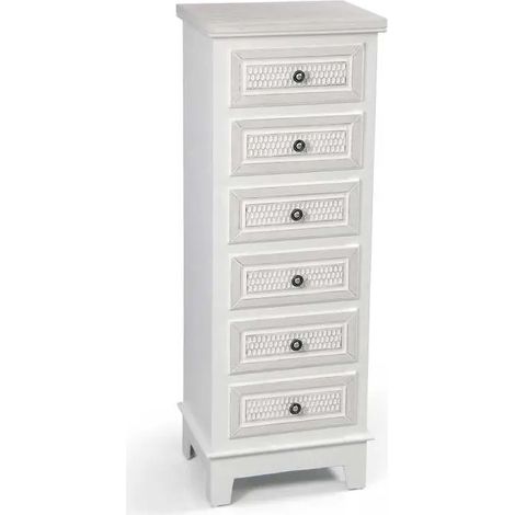 Commode verticale élégante 40 x 30 x 112 cm en bois massif et MDF, 6 tiroirs, blanc décapé et finition bois spazzolato