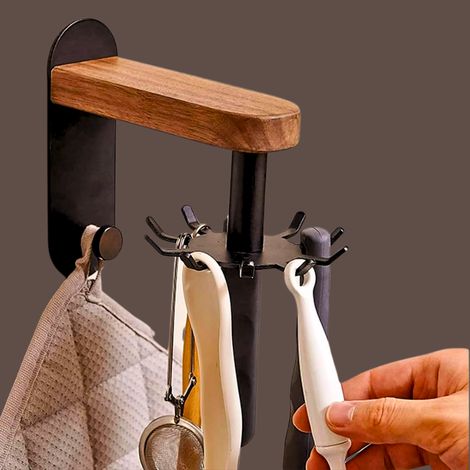 Estante de cocina autoadhesivo de nogal para montaje en pared con 10 ganchos y 1 gancho resistente - Para colgar ollas, sartenes, espátulas y cucharas - OTROS (1/4)