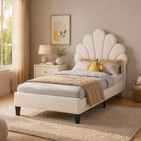 MEUBLIV Letto 90x200 cm beige – testiera a fiore e rete a doghe, senza materasso (1/5)