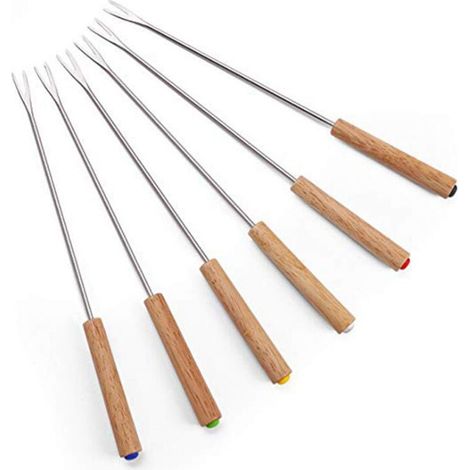6 Pièces Fourchettes à Fondue au Fromage avec Manche en Bois Pic Fondue Inoxydable Pique à Fondue Bourguignonne Fourchette à Chocolat 24cmpour Barbecue, Pain, Légumes (1/5)