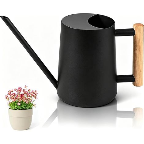 Arrosoir Noir 1 Litre, 1L Petit Arrosoir de Jardin, Arrosoir en Acier Inoxydable, avec Poignée en Bois, Entrée d'eau de Grand Diamètre pour Arroser Les Petites Plantes en Pot et D'intérieur (1/5)
