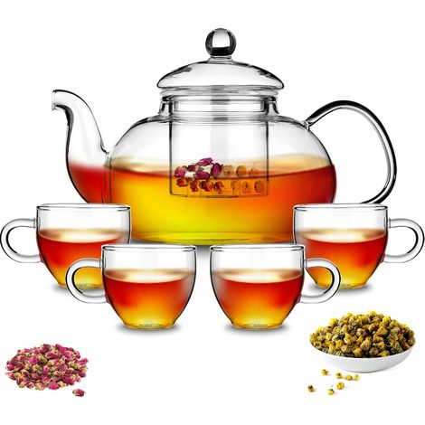 Théière ronde pour infuseur de théière de tous les jours 1L Avec 4 tasses, Résistant à la chaleur (1/5)