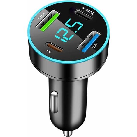 Chargeur allumecigare USB 4 ports, 30 W, double PD et QC3.0, prise allumecigare USB rapide avec voltmètre LED, compatible avec iPhone, Android, Samsung et tablettes. (1/4)