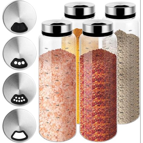 Pot a Epices en Verre, à 500ml, avec 3 Trous Épices, Salieres et Poivrieres Couvercle, Pots pour Cuisine, Grill Extérieur, Cuisson (1/5)