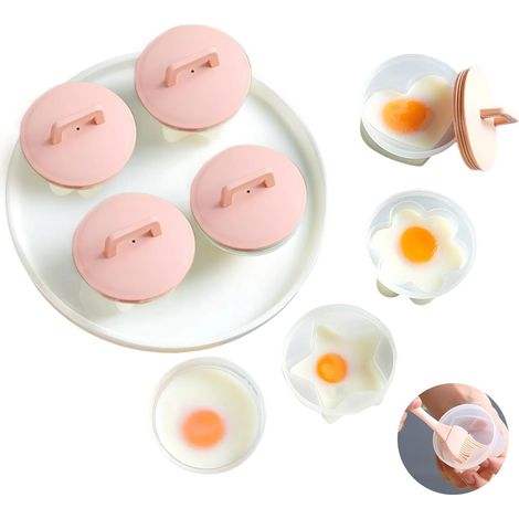 Cuociuova, set da 4 con coperchio, pennello per olio, 4 stampi per uova riutilizzabili, senza BPA, antiaderenti, adatti per uova senza guscio, rosa