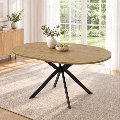 MODFU – Tavolo allungabile 100-140x100x75 cm in MDF/metallo con piano da rotondo a ovale, prolunga integrata, per 4-6 persone e carico 60 kg – Legno (1/5)